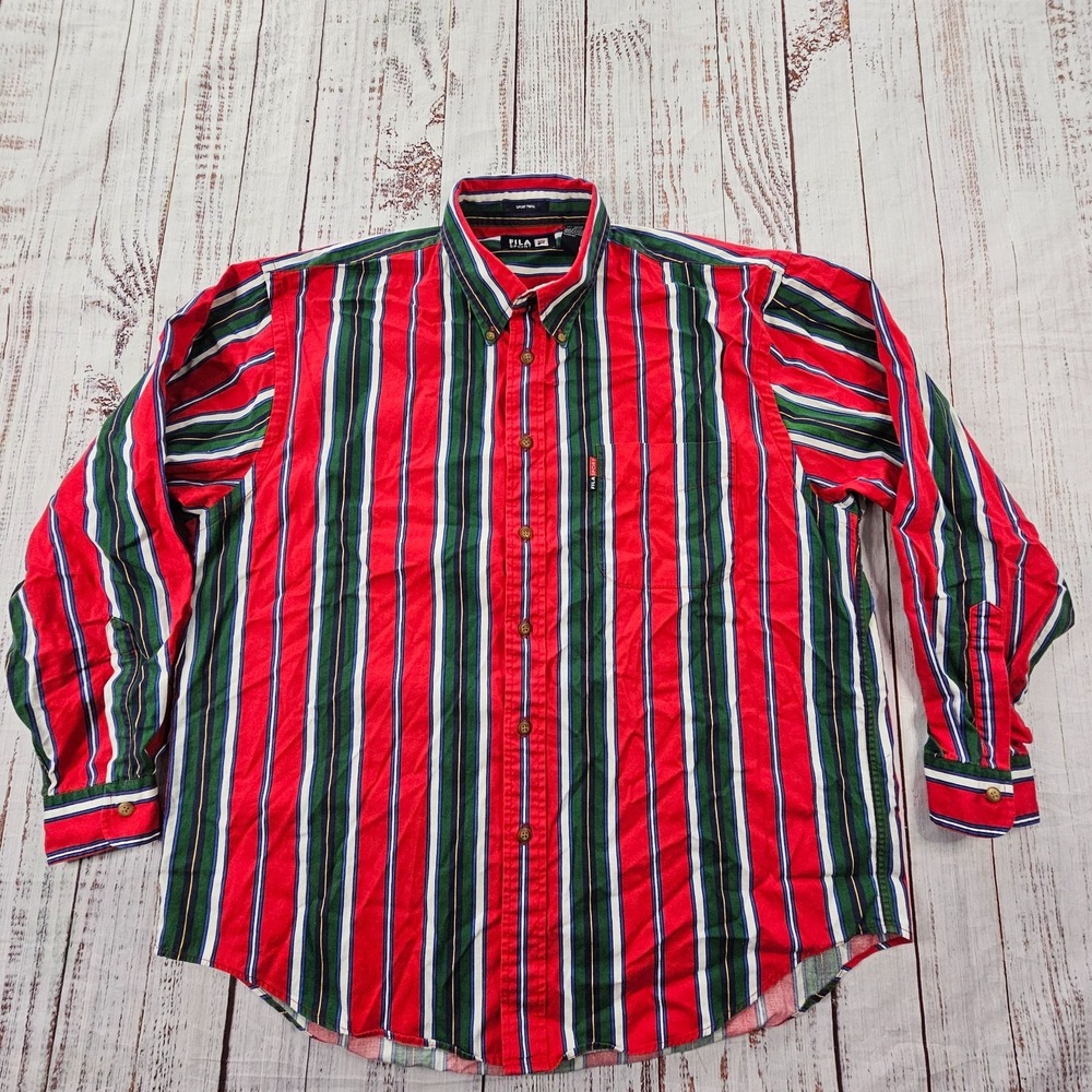 Fila Sport Twill Red Striped Long Sleeve Button-Up Cotton Shirt Men's L